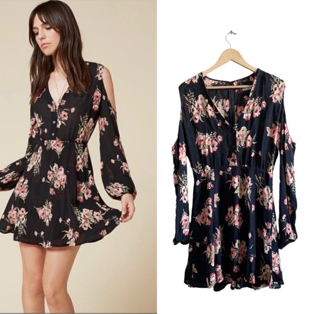Reformation Black Calla Cold Shoulder Floral Dress